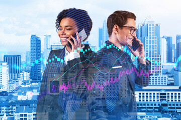 Two colleagues in multinational corporate team processing conference call to forecast the capital market behavior. Concept of trading strategy. Forex chart. Kuala Lumpur. Double exposure.