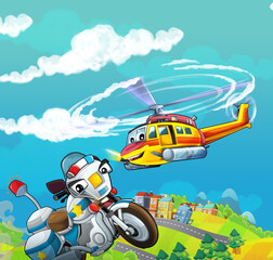 Obraz na płótnie Canvas cartoon scene with helicopter flying in the city
