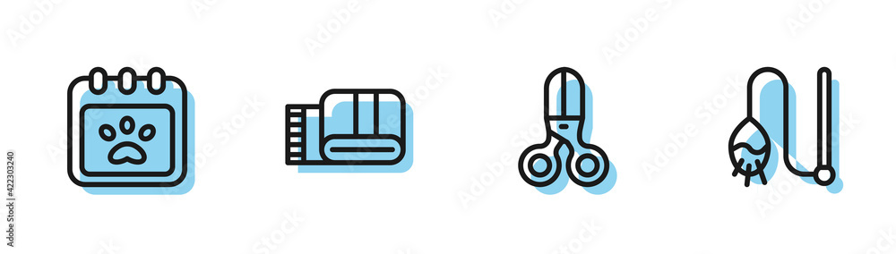 Sticker Set line Scissors hairdresser, Calendar grooming, Towel stack and Pet cat toy icon. Vector