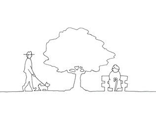 Fototapeta na wymiar 木の下の人々　線画イラスト