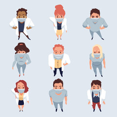 Fototapeta premium Top view on standing and look up people in protective facial masks.