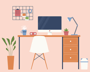 Modern Aesthetic Office Desk Interior Flat Design Illustration