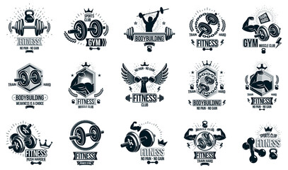 Gym fitness sport emblems and logos vector set isolated with barbells dumbbells kettlebells and muscle body man silhouettes and hands, athletics workout sport club, active lifestyle.