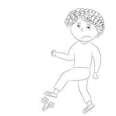Sketch of a naughty curly-haired boy trying to trample flowers