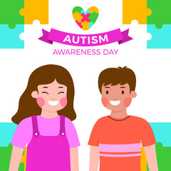 Children Cartoon World Autism Awareness Day Flat Design Illustration