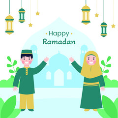 Happy ramadan with moslem kids flat design