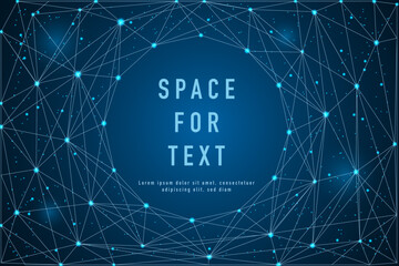 Magic night sky banner for invitation card. Frame template for text or photo with geometric wireframe background in polygonal style. Futuristic space for booklet.Low polygon light connection structure © Deemerwha studio