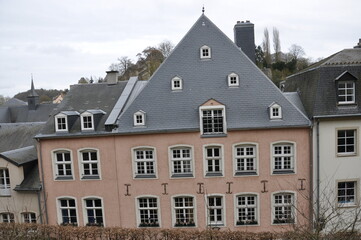 Luxembourg City, Luxembourg - beautiful colorful houses in lower city, the Grund neigborhood. Wonderful view over the old city of Luxembourg.