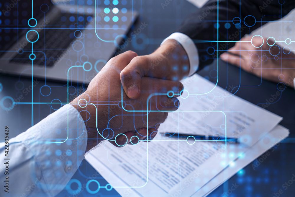 Poster handshake of two businessmen who enters into the contract to develop a new software to improve busin