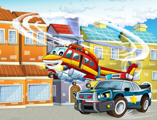 cartoon scene with helicopter flying in the city