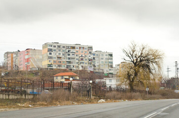 Block of Flats Complex in a Poor Condition on a Hill in South Bulgaria on Winter Season. Poverty in the Neighborhood