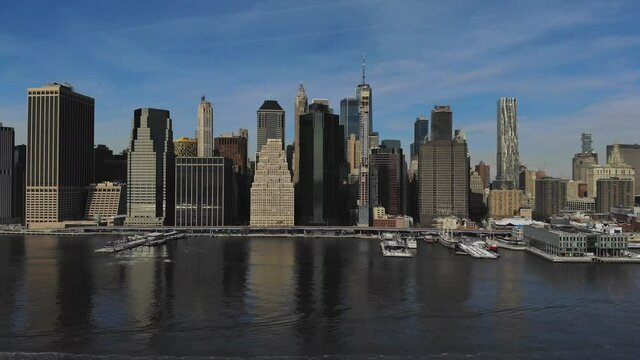 Amazing panorama view lower Manhattan skyline from the air NY USA