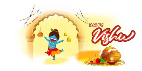 Obraz na płótnie Canvas Vector illustration of Happy Vishu concept banner. kerala New Year, Indian hindu festival poster with vishu flowers and pots.