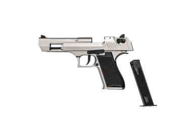 Modern semi-automatic silver pistol isolate on a white background. Armament for the army and police. Short-barreled weapon.