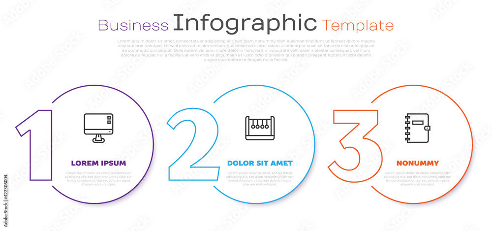 Poster set line computer monitor screen, pendulum and spiral notebook. business infographic template. vecto