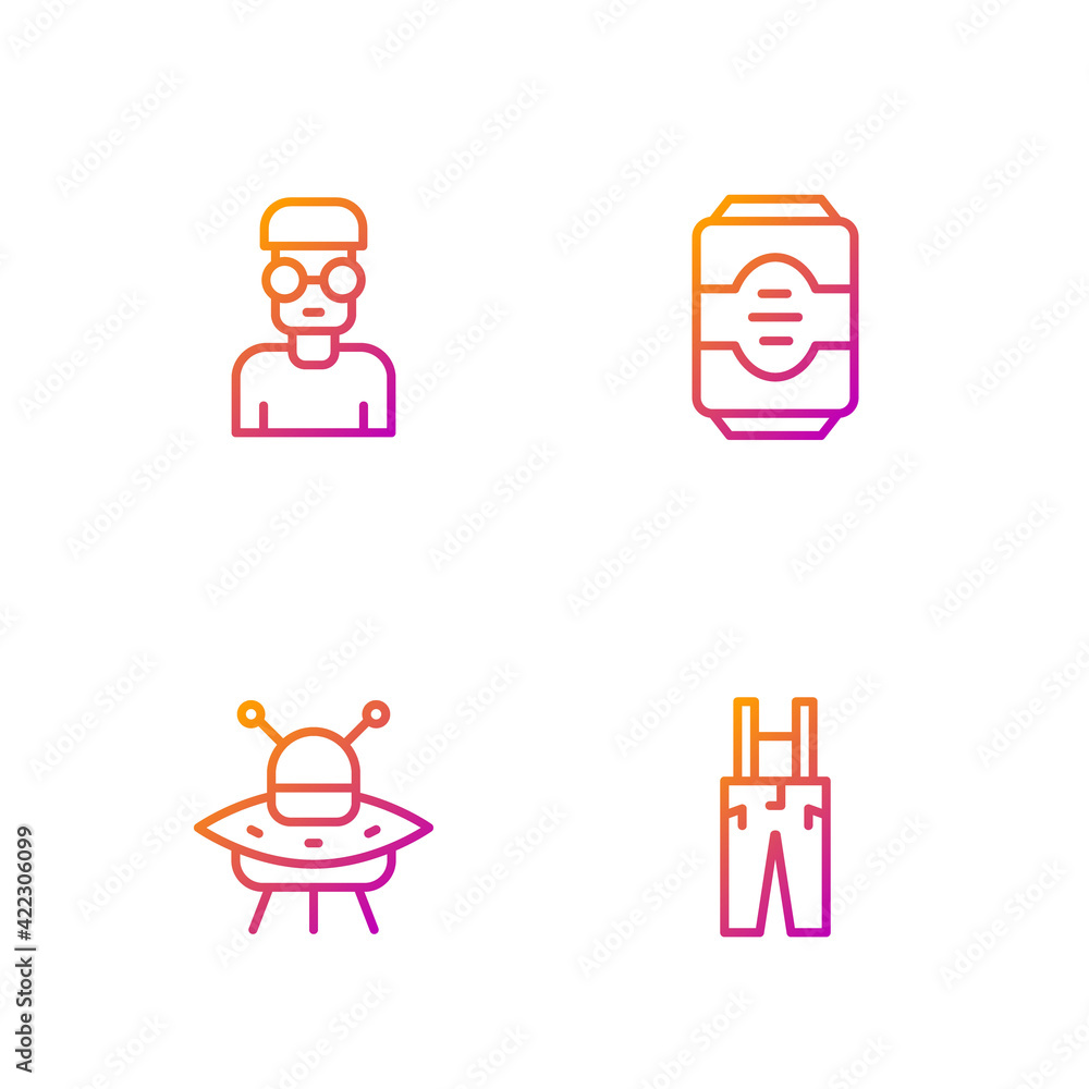 Aufkleber set line pants with suspenders, ufo flying spaceship, nerd geek and energy drink. gradient color ico