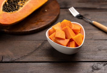 Sliced ripe papaya fruit on a white plate ready to eat
