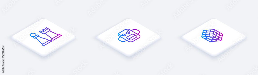 Poster set isometric line chess, school backpack and rubik cube. white square button. vector