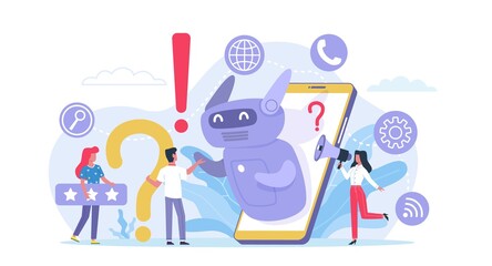 Online technical support. Help service mobile app, client assistant, remote problem solving, round-the-clock digital advisor. Robot answering to clients questions vector helpdesk concept