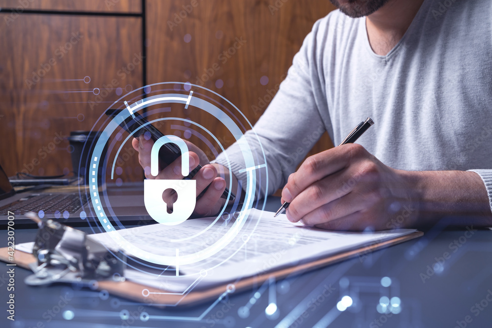 Poster a businessman in casual wear signing the contract to prevent probability of risks in cyber security.
