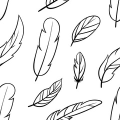 Hand-drawn Boho style feathers, seamless pattern. Hippie style. Contour. Isolated on a white background.