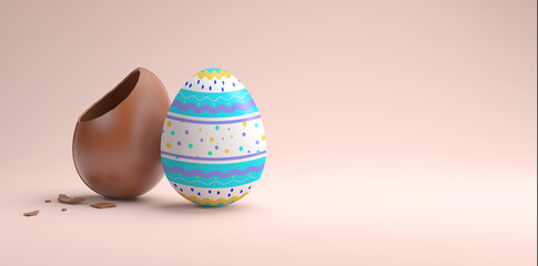 Happy Easter greeting card template with chocolate egg and copy space in 3D rendering. Colorful texture decorated egg background. Spring holiday illustration