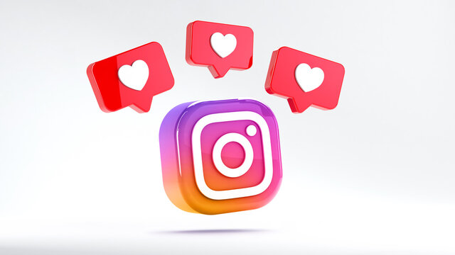 Valencia, Spain - March, 2021: Isolated Instagram logo camera icon with like notifications. Free social media app for mobile devices for sharing photos and videos with other people of the network