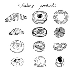 Set of fresh buns, vector doodle illustration, sketch
