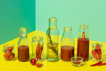 homemade tomato sauce and olive oil in glass bottles on trendy yellow fresh tomatoes and pepper