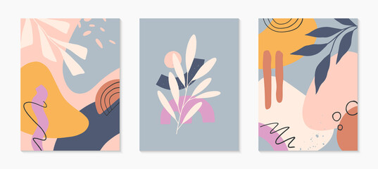 Fototapeta na wymiar Set of mid century modern abstract vector illustrations with organic shapes and plants.Minimalistic art prints.Trendy designs perfect for banners templates;social media,invitations;branding,covers