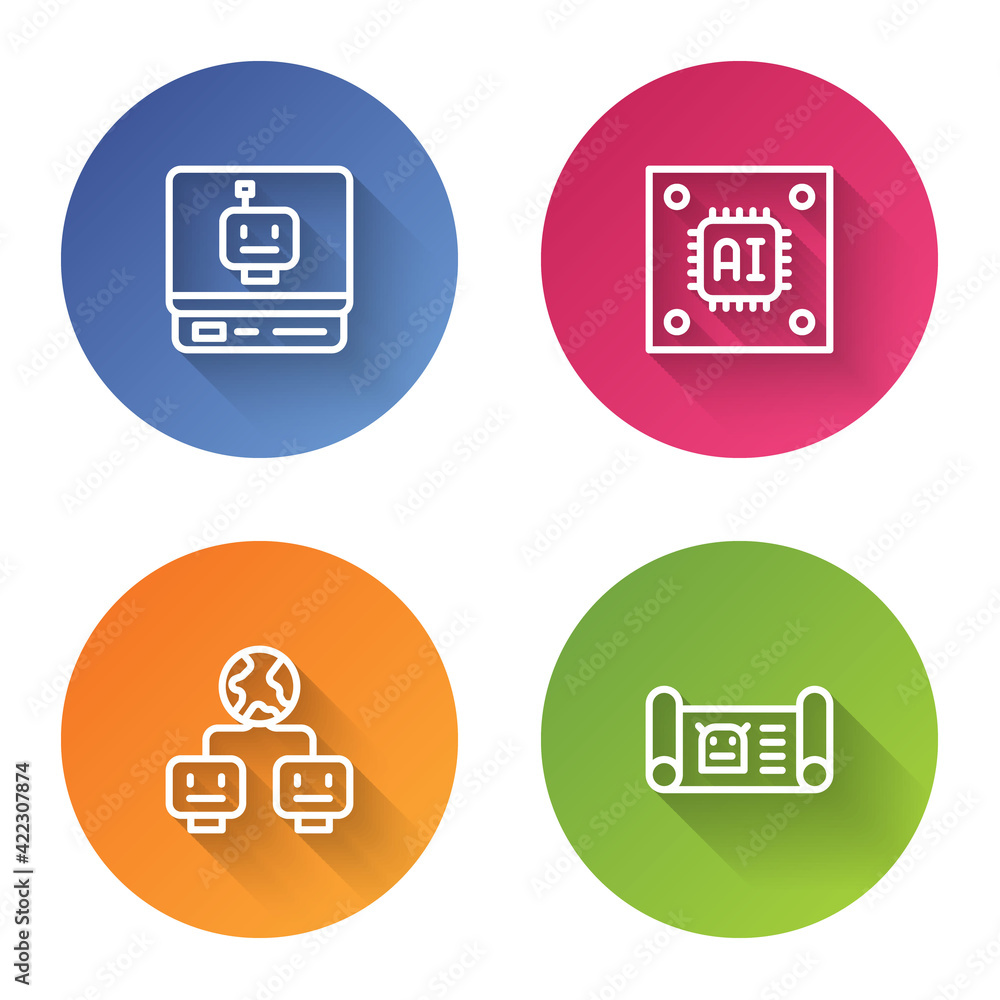 Poster Set line Robot, Processor with microcircuits CPU, Artificial intelligence and blueprint. Color circle button. Vector
