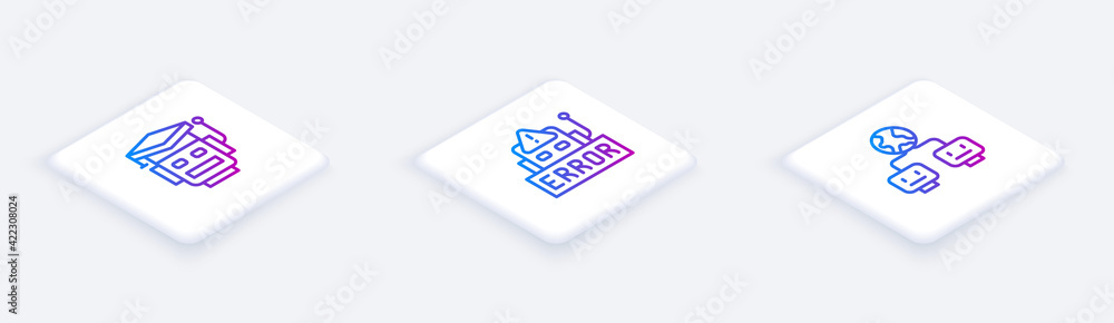 Poster set isometric line robot, error in robot and artificial intelligence. white square button. vector