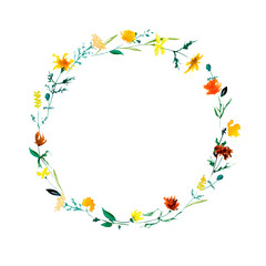 Watercolor wreath arrangement of yellow wildflowers, foliage and greenery. Soft colors, warm and sweet illustration suitable for wedding invitations, greeting cards, paper decoration, scrapbooking.