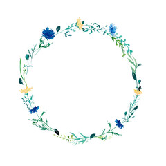 Watercolor wreath arrangement of blue wildflowers, foliage and greenery. Soft colors, warm and sweet illustration suitable for wedding invitations, greeting cards, paper decoration, scrapbooking.
