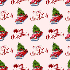 Christmas seamless background. A red retro truck with a Christmas tree and a fun Christmas text. The text is written by hand. New Year seamless pattern.