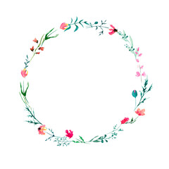 Watercolor wreath arrangement of pink wildflowers, foliage and greenery. Soft colors, warm and sweet illustration suitable for wedding invitations, greeting cards, paper decoration, scrapbooking.