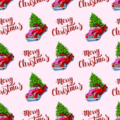Christmas seamless background. A red retro truck with a Christmas tree and a fun Christmas text. The text is written by hand. New Year seamless pattern.