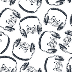 Headphones with a sounding song with notes. Seamless pattern. Headphones for music or a headset. Hand drawing. Isolated on a white background.