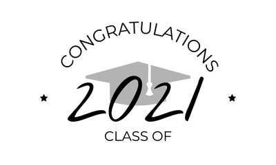Class of 2021 with Graduation Cap. Template for graduation design, party. Flat illustration on transparent background.
