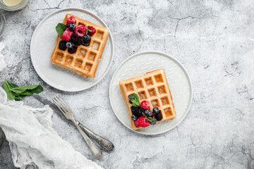 Belgian waffles with berries on a light plate.Breakfast