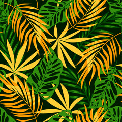 Bright tropical seamless pattern with trendy tropical plants and leaves on a dark background. Summer colorful hawaiian seamless pattern with tropical plants. Tropic leaves in bright colors.