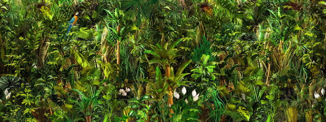Fototapety  Bezszwowe tropikalny krajobraz botaniczny, palmy, kwiaty, egzotyczne rośliny, liście palmowe, kwiatowy wzór granicy wydruku, zielony tekstura tło 3d. Tapeta graficzna w dżungli raju
