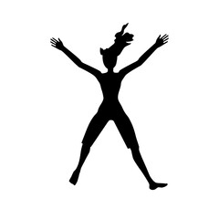 black silhouette of a woman figure who jumps, and her hands raised up vector illustration