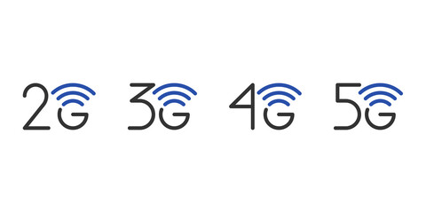 2G 3G 4G 5G network connection business symbol set. 5th generation and lower wireless internet technology icons. Vector communication emblem blue design template isolated