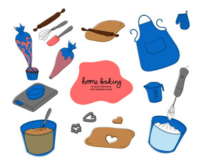 Home baking themed flat vector illustrations. Isolated hand drawn illustrations of kitchen tools and process of baking home. 