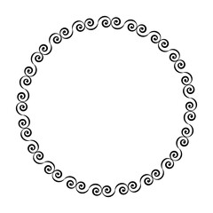 Round pattern frame on a white background from curlicues and spirals. Isolated geometric pattern. Black and white, monochrome