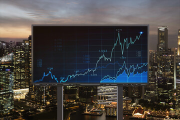FOREX graph hologram on billboard, aerial night panoramic cityscape of Singapore. The developed location for stock market researchers in Southeast Asia. The concept of fundamental analysis