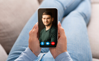 Web Communication. Unrecognizable Woman Using Smartphone For Video Call With Husband