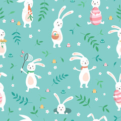 Cute hand drawn Easter seamless pattern with Bunnies and Easter decoration, Egg hunt, cute poses, great for textiles, banners, wallpapers, prints - vector design