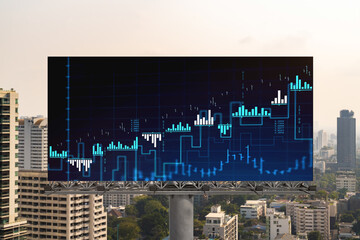 Forex and stock market chart hologram on road billboard over panorama city view of Bangkok. The financial center in Southeast Asia. The concept of international trading.